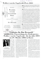 Laudatio für Rut Bernardi anläßlich der Überreichung des Förderpreises "Walther von der Vogelweide" für das Jahr 2004 am 29. Oktober 2004 in Bozen