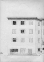 Aufnahme der Lauben und angrenzender Gassen in Bozen, 1936. Bleistiftzeichnung der Fassaden mit Details