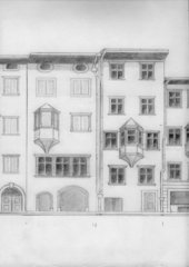 Aufnahme der Lauben und angrenzender Gassen in Bozen, 1936. Bleistiftzeichnung der Fassaden mit Details