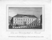 ¬Das¬ neue Kreisamtsgebäude in Bruneck. Gratulations-Entschuldigungskarte für Bruneck pro 1848
