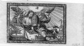 Im Vordergrund Engel mit päpstlichen Insignien, im Hintergrund Peterskirche, Petersplatz und Engelsburg, aus Buch herausgeschnitten